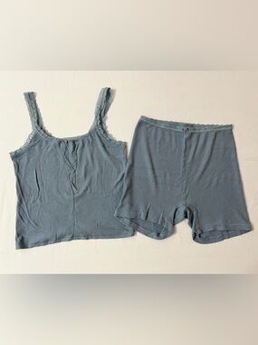 SKIMS Soft Lounge Ribbed Lace Scoop Tank Top + Shorts Short Set Arctic Blue